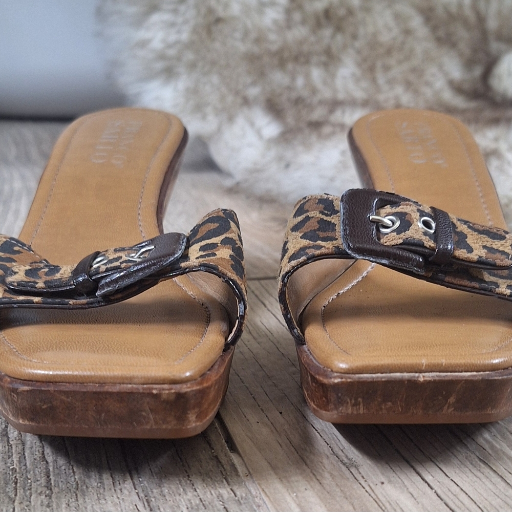 Franco Sarto Leopard Print Slide Sandals Wooden Heel Mules Size 8M - Picture 3 of 9